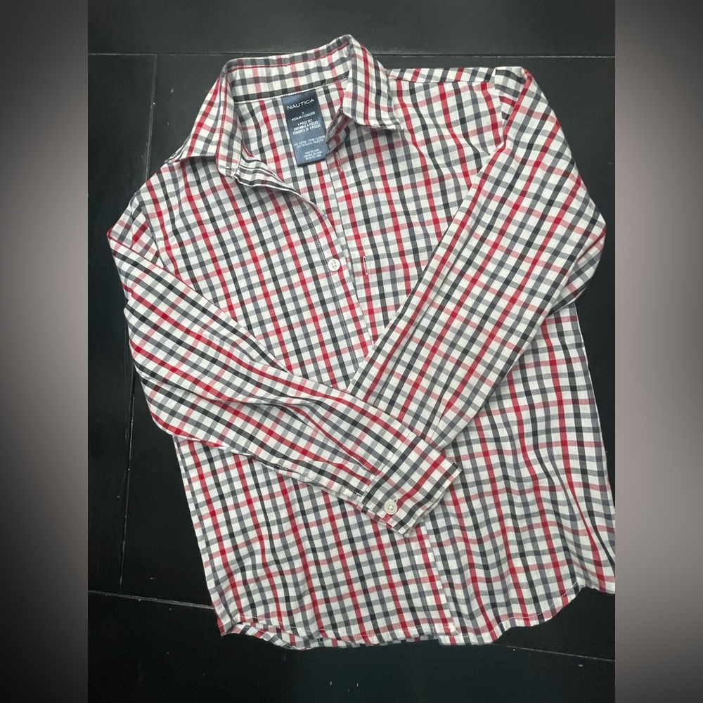 Nautica Boys long-sleeve plaid button-down shirt.